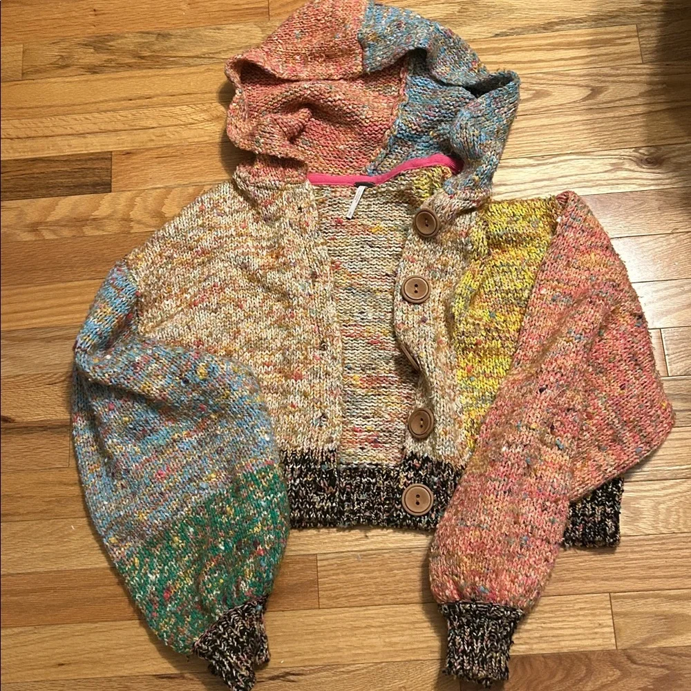 Free People Vibe Check Rainbow Multicolor Hoodie. Hooded knit cardigan. Small - Picture 6 of 10